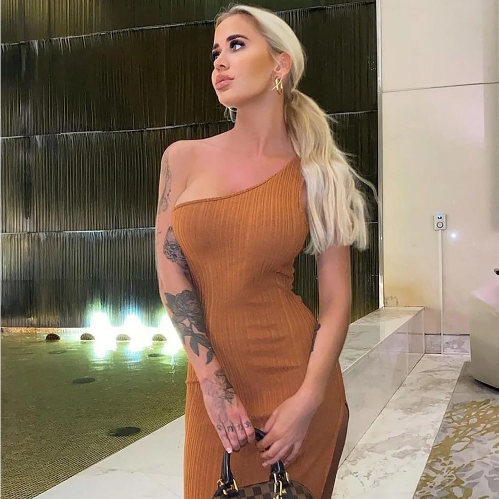 Fashion Nova Rust Ribbed One Shoulder High Split Maxi Dress.
